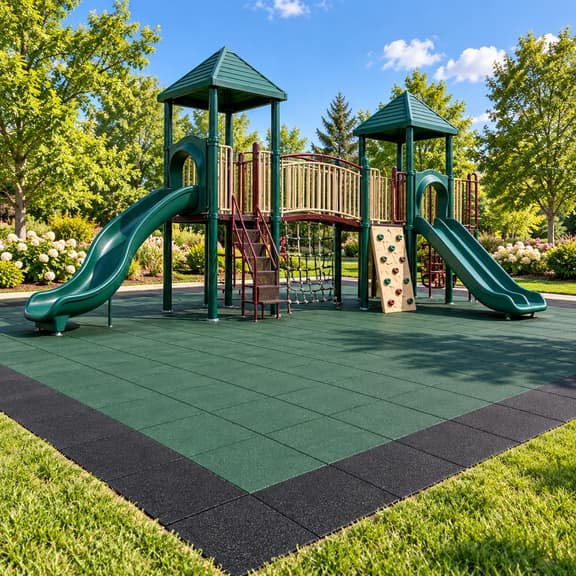An empty commercial playground with towers, a bridge and slides on green rubber tiles with a black border.