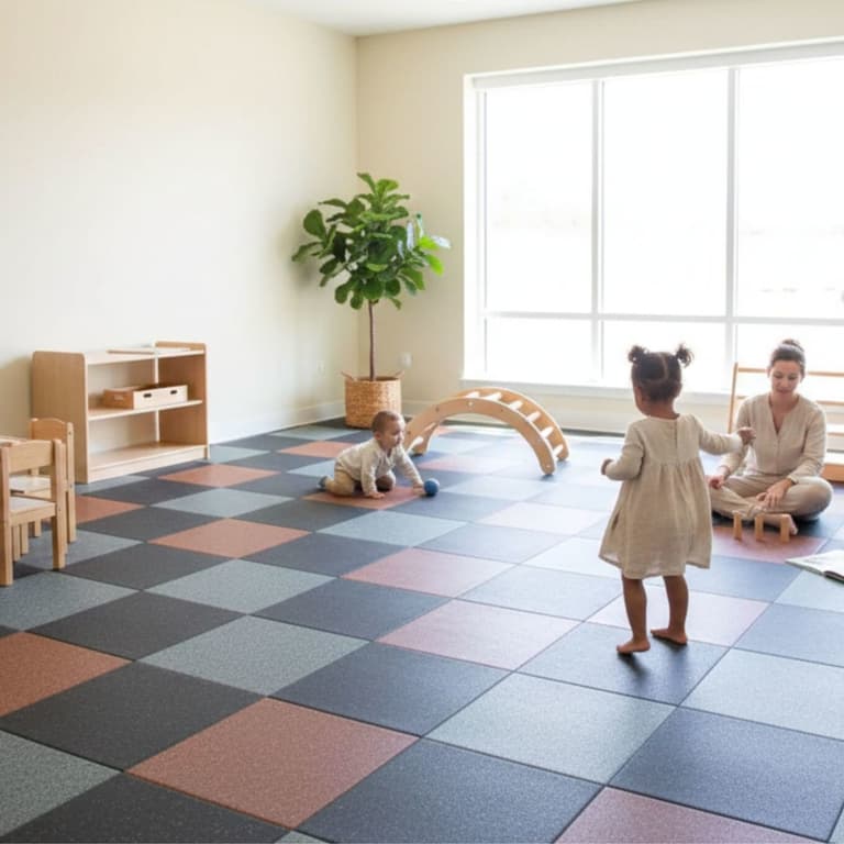 Playroom with 1" Sports Play Tiles in black, gray, and tan checkered pattern under children and wooden furniture