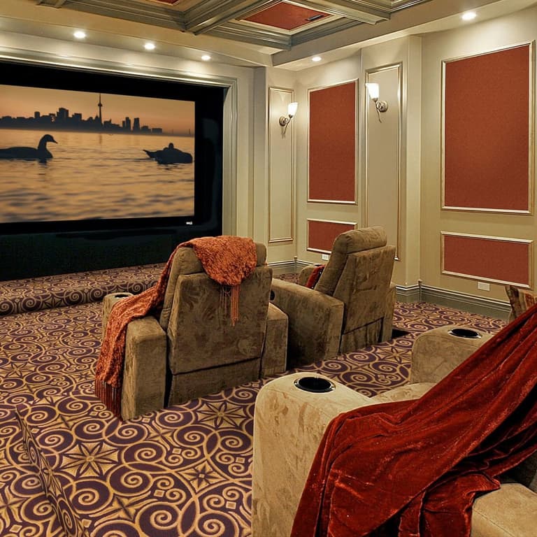 Home theater with Joy Carpets Antique Scroll Carpet in burgundy and gold, covering the floor beneath recliners