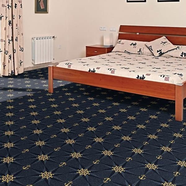 Joy Carpets Mariner's Tale Carpet, Navy — bedroom with nautical patterned carpet