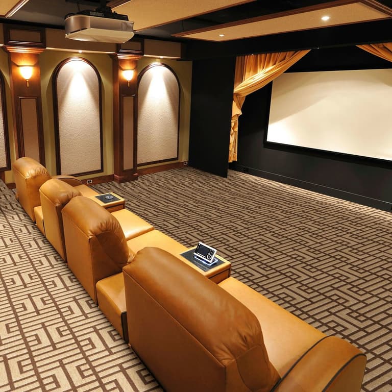 Home theater with Joy Carpets Affinity carpet in a geometric pattern, beige and brown tones, under reclining leather seats