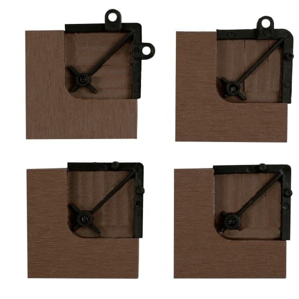 Helios Deck Board Tiles Corner Kits — four corner connectors with black metal brackets and screws on brown composite decking