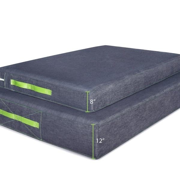 Skill Pillow Crash Mat, denim — two stacked rectangular foam mats with green carry handles