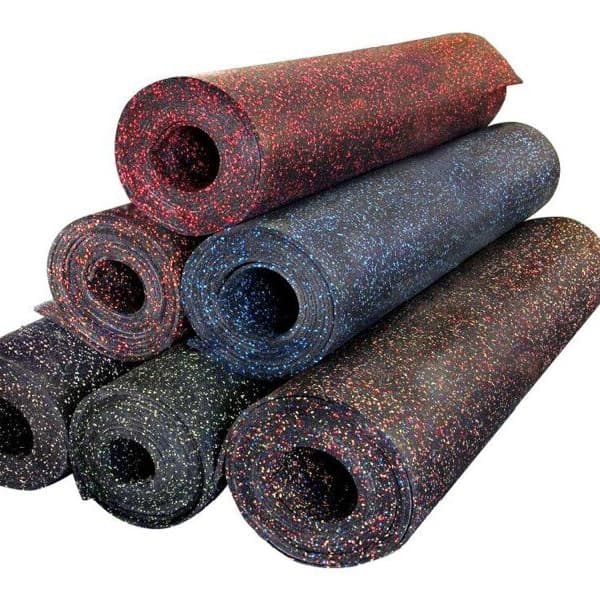 Colorful speckled rubber flooring rolls in black, red, blue, and green variations.