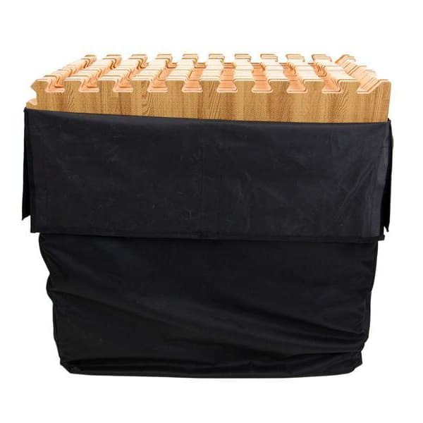 Black soft case with tan trade show flooring inside.