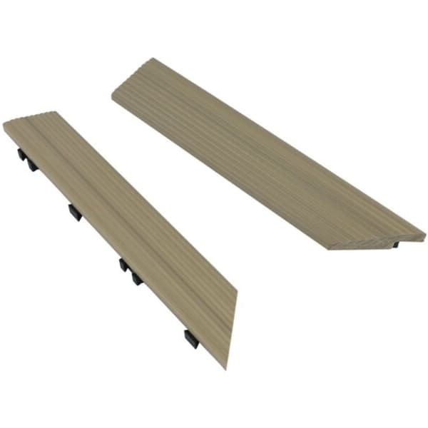 NewTechWood 12" Inside Corner Fascia — WPC composite decking trim, light brown wood grain texture, two pieces shown