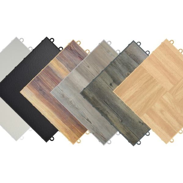Swisstrax Dancetrax Tiles — six interlocking tiles in Glossy White, Glossy Black, Ash Pine, Natural Pine, Reclaimed Pine, and