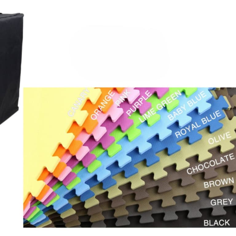 Premium Soft Tile Trade Show Kit — black carry bag and interlocking EVA foam tiles in Canary, Orange, Pink, Purple, Lime
