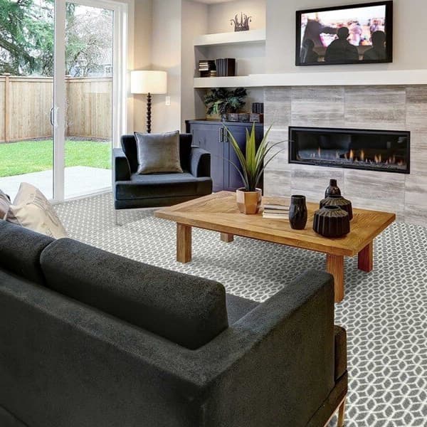 Living room with Joy Carpets Dwell Carpet in Pebbles pattern, featuring a geometric design