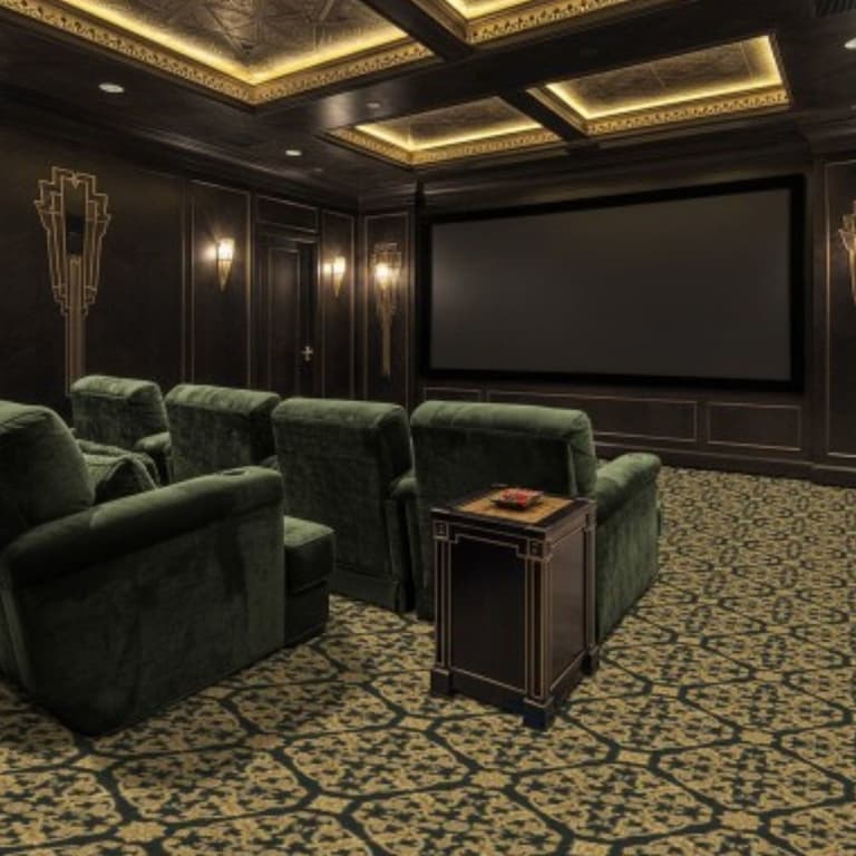 Home theater with Joy Carpets Chateau Chic Carpet in Emerald, featuring a geometric pattern under plush seating