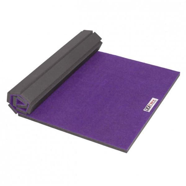 Home Cheer Mats - Custom Cut, purple polyethylene foam mat with gray edge, partially rolled on white background