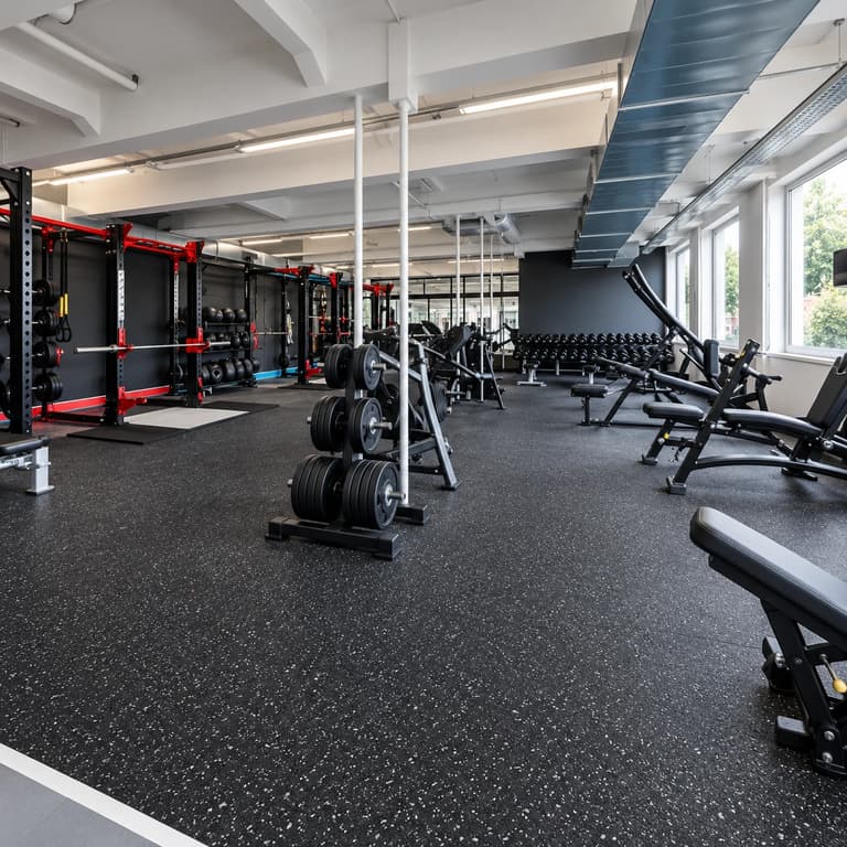 A spacious commercial gym with red-and-black racks, weight storage, benches and bright windows over gray-fleck black rubber flooring.