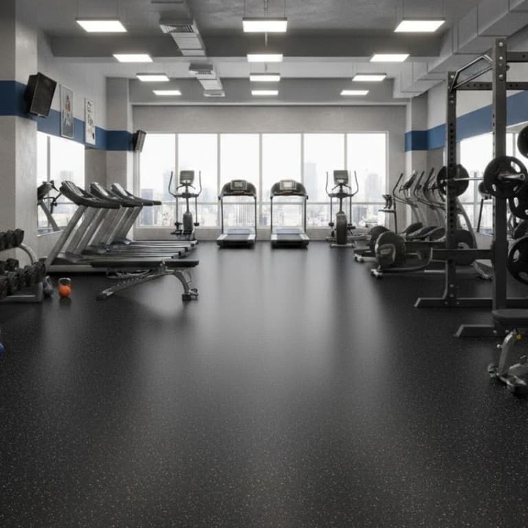 Gym with 1/4" Tough Rubber Rolls black flooring under weight machines and treadmills