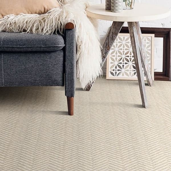 Joy Carpets Favorite Retreat Carpet, Mist — living room floor with herringbone pattern