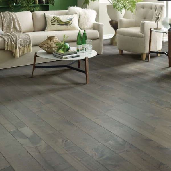Living room with Shaw Reflections Maple Engineered Wood flooring, dark gray planks