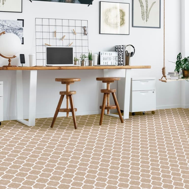 Joy Carpets Sanctuary Carpet, Pebbles — home office with geometric patterned carpet