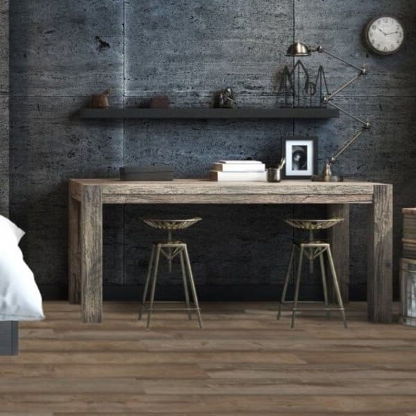 Johnson Public House 7" rigid core vinyl planks in Whiskey Sour, in a bedroom setting
