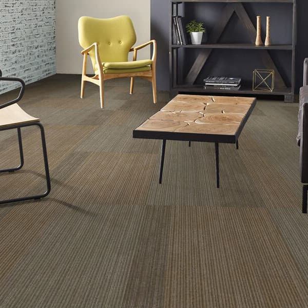 Shaw Disclose Carpet Tile, Press Box pattern — living room with textured brown and gray carpet tile flooring