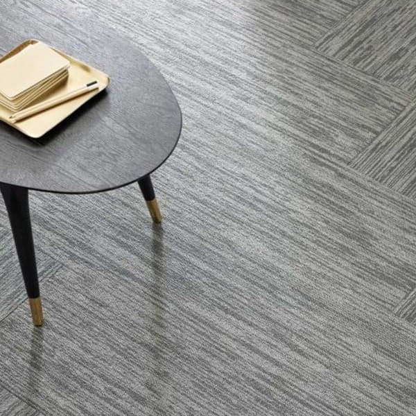 Pentz Cabled Carpet Tiles, Data Link — gray textured carpet tile flooring in a linear pattern
